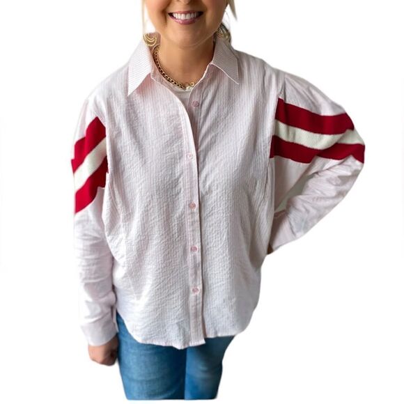 Bucketlist Button Down Shirt Pink Pin Stripe Sleeve Inset Mixed Media Size M - Picture 1 of 12